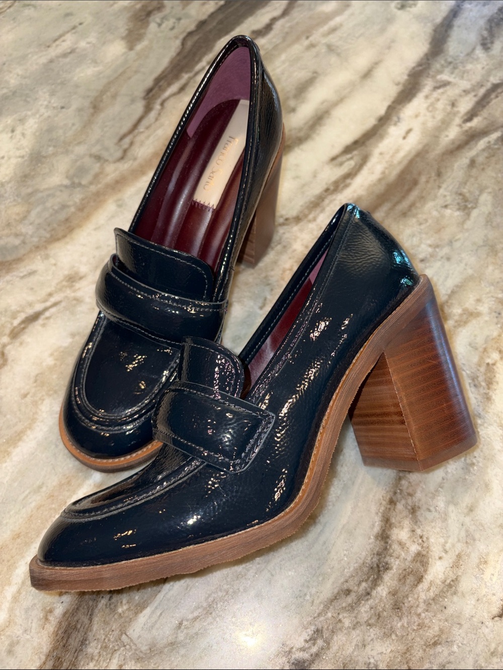 Franco Sarto Navy Patent Leather Block Heel Loafers